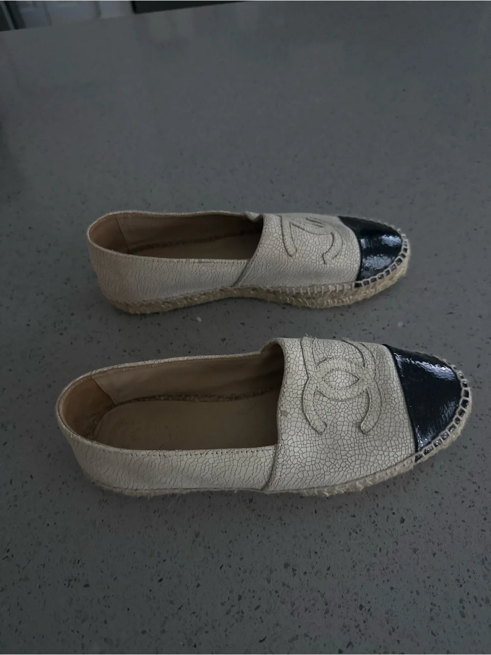 CHANEL Two-Tone Crackle Espadrilles in Cream and Black